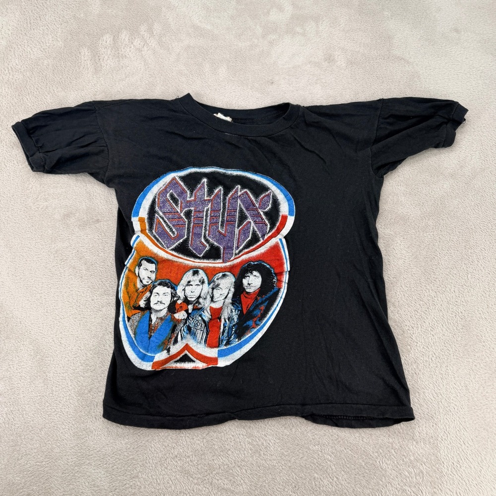 Vintage 80s Styx Rock Band Concert Shirt Mens Medium Black Flaws Music Retro